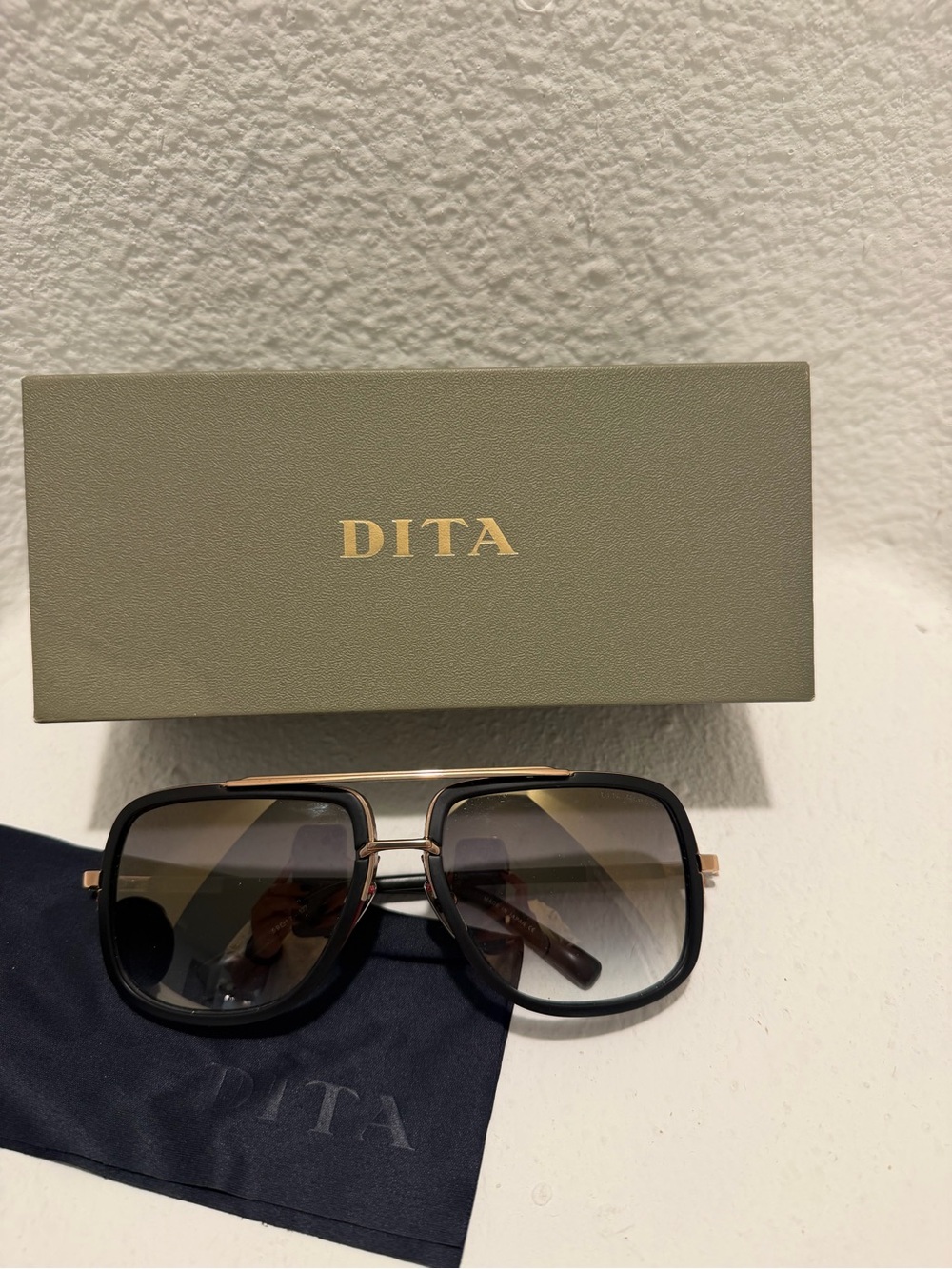 DITA Black and Gold Square Aviator Sunglasses